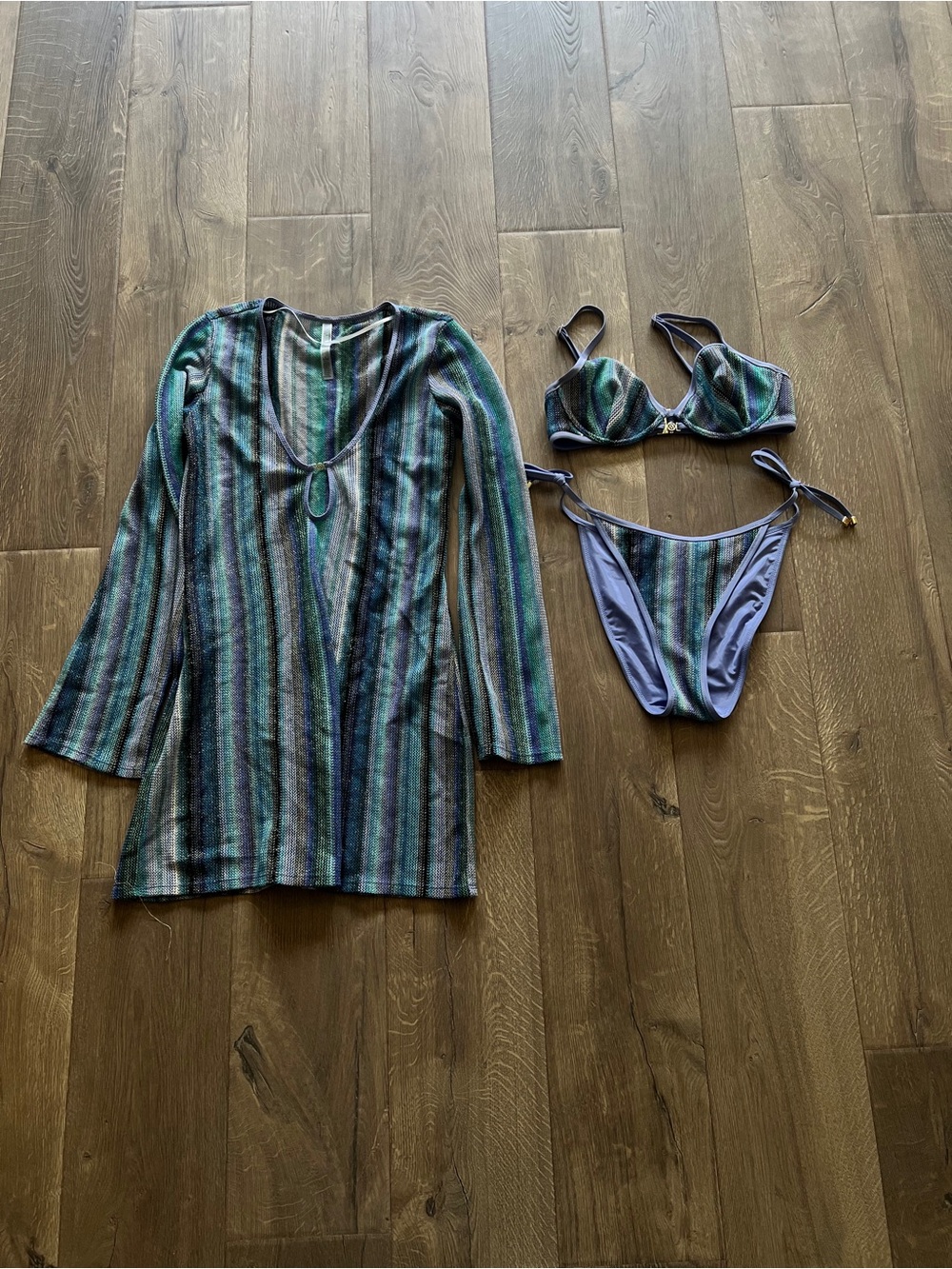 Victoria's Secret Blue & Green Striped Swim Bandeau Set with Cover-Up